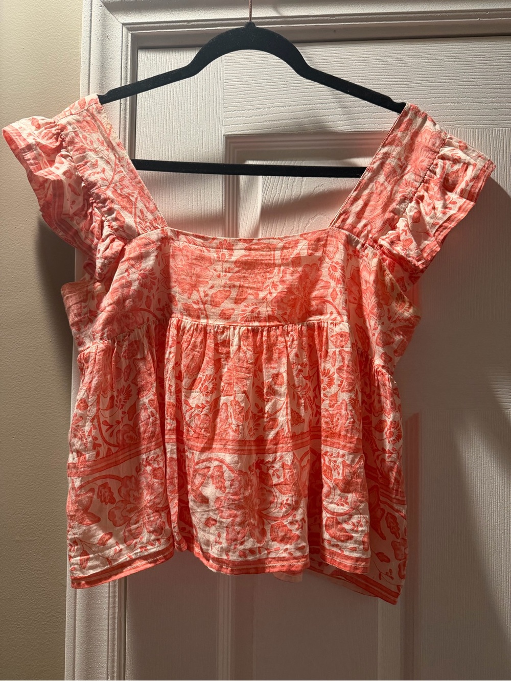 Coral Printed Square-Neck Crop Top with Ruffled Shoulders